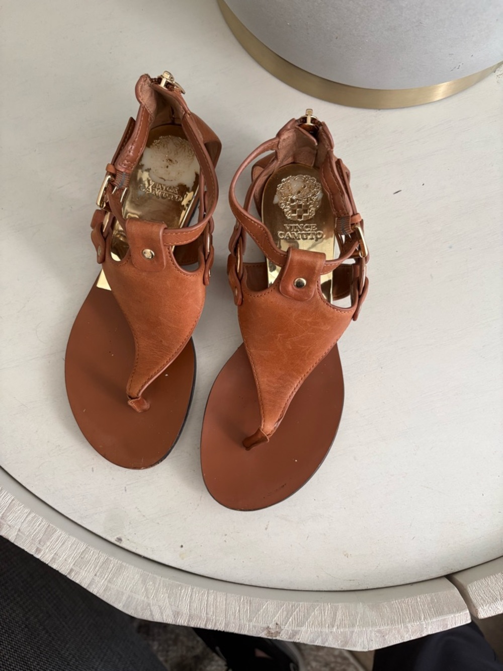 Vince Camuto Cognac Leather Thong Sandals with Gold Accents
